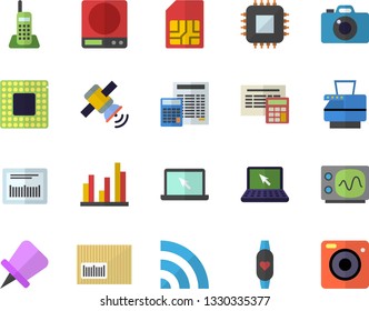 Color flat icon set calculator flat vector, weighing machine, motherboard, SIM card, barcode, statistic, telephone, copy, laptop, satellit, cpu, oscilloscope, fitness bracelet, broadcast, camera