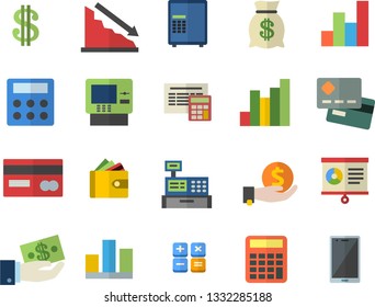 Color flat icon set calculator flat vector, crisis, chart, credit card, dollar, investments, purse, wealth, cash machine, statistic, dispenser fector, safe, mobile
