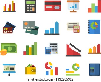 Color flat icon set calculator flat vector, crisis, chart, cash, credit card, purse, statistics, book balance accounting, statistic, presentaition board, achievement, fector, safe
