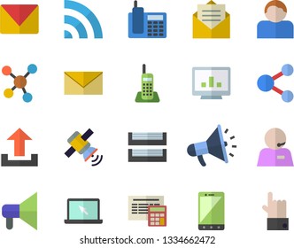 Color flat icon set calculator flat vector, mouthpiece, molecules, computer chart, telephone, phone operator, paper tray, laptop, mail, satellit, share, broadcast, upload, message, envelope, mobile