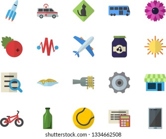 Color flat icon set calculator flat vector, spaghetti on a fork, jam, cranberry, flower, sun, glass bottles, ambulance, magnifier, rocket, cogwheel, electric discharge fector, bicycle, tennis ball