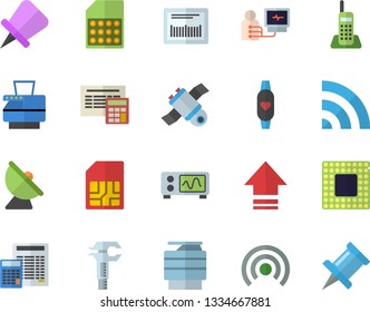 Color flat icon set calculator flat vector, satellite antenna, SIM card, trammel, barcode, diagnostics, telephone, copy machine, satellit, cpu, oscilloscope, fitness bracelet, broadcast, upload