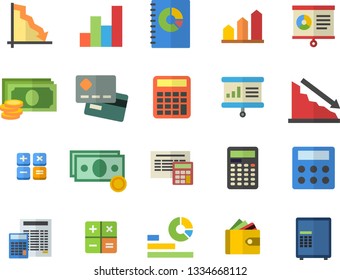 Color flat icon set calculator flat vector, crisis, cash, credit card, purse, statistics, book balance accounting, chart, presentaition board, achievement, safe fector