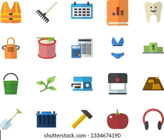 Color flat icon set calculator flat vector, flooring, hammer, apron, coffee machine, tomato, shovel, rake, bucketful, tree leaf, accumulator, calendar, book balance accounting, tooth, pedestal