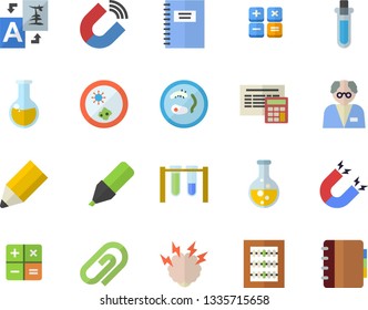 Color flat icon set calculator flat vector, chemistry, magnet, marker, medical analysis, abacus, pencil, brainstorm, notebook, scientist, beakers, Petri dish, translate, clip