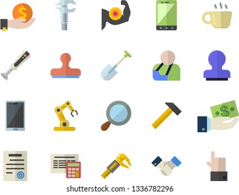 Color flat icon set calculator flat vector, hammer, blender, shovel, trammel, investments, injury, coffee, agreement, contract, stamp, industrial robot, muscles, magnifier, mobile, indicate
