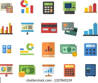Color flat icon set calculator flat vector, chart, cash, credit card, statistics, book balance accounting, statistic, presentaition board, achievement, dispenser fector, safe