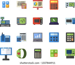 Color flat icon set calculator flat vector, microwave, billboard, cash machine, chart, telephone, laptop, computer, oscilloscope, fitness bracelet, dispenser fector