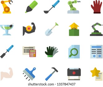 Color flat icon set calculator flat vector, putty knife, hammer, ladle, kitchen spatula, shovel, gloves, robotics, marker, magnifier, contract, stamp, industrial robot, muscles, hand luggage fector
