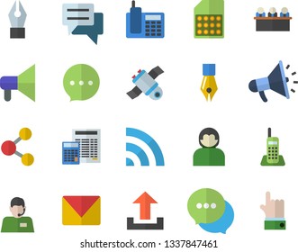 Color flat icon set calculator flat vector, SIM card, telephone operator, mouthpiece, chat, ink pen, meeting, mail, satellit, share, broadcast, upload, user, indicate