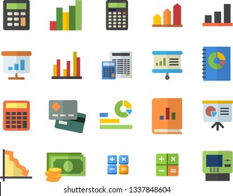 Color flat icon set calculator flat vector, crisis, chart, cash, credit card, statistics, book balance accounting, statistic, presentaition board, achievement, dispenser fector