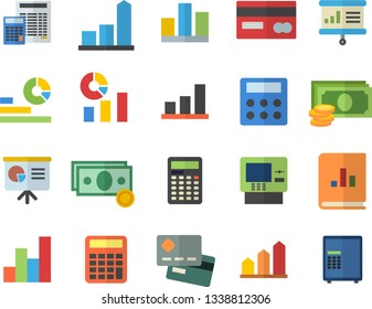 Color flat icon set calculator flat vector, chart, cash, credit card, statistics, book balance accounting, statistic, presentaition board, achievement, dispenser fector, safe