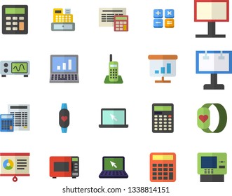 Color flat icon set calculator flat vector, microwave, billboard, cash machine, chart, telephone, laptop, computer, oscilloscope, fitness bracelet, dispenser fector