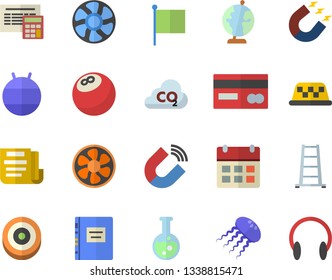 Color flat icon set calculator flat vector, ladder, ventilation, carbon dioxide, magnet, credit card, flag, document, flask, globe, textbook, bowling ball, fitball, target, taxi fector, jellyfish