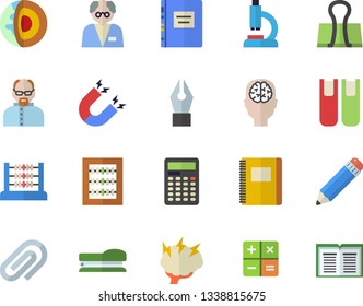 Color flat icon set calculator flat vector, microscope, clip, abacus, ink pen, pencil, book, stapler, textbook, magnet, brainstorm, notebook, scientist, brain fector, core of the earth, binder