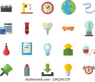 Color flat icon set calculator flat vector, lamp, crane, earth, graphic report, idea, blood transfusion, implant, drawing pin, meeting, tie, bulb, skateboard, centimeter, sports pear, download