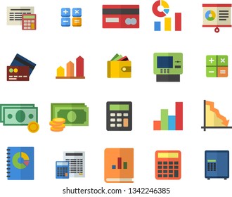 Color flat icon set calculator flat vector, crisis, cash, credit card, purse, statistics, book balance accounting, chart, achievement, fector, dispenser, safe