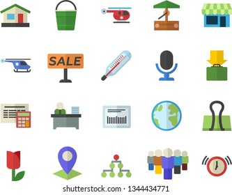 Color Flat Icon Set Calculator Flat Vector, Well, Bucketful, Tulip, House, Earth, Location, Team, Sell Out, Barcode, Helicopter, Office Worker, Classification, Get Luggage Fector, Shop, Binder Clip