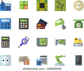 Color flat icon set calculator flat vector, weighing machine, spring balance, mixer, socket, motherboard, cash, telephone, oscilloscope, industrial robot, electronic circuit, credit card fector