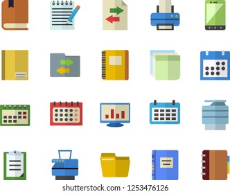 Color flat icon set calendar flat vector, clipboard, notebook, computer chart, file, sticker, printer, copy machine, notepad, textbook, sharing, mobile