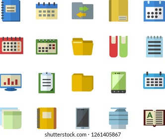 Color flat icon set calendar flat vector, clipboard, notebook, computer chart, file, sticker, copy machine, book, notepad, sharing, mobile