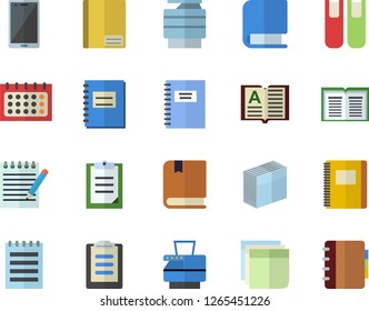 Color flat icon set calendar flat vector, clipboard, notebook, sticker, copy machine, book, notepad, textbook, mobile
