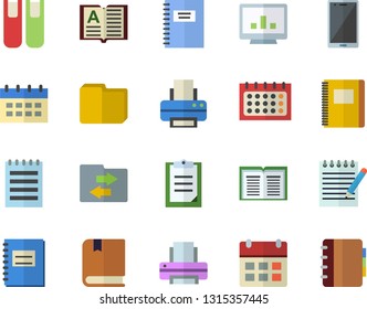Color flat icon set calendar flat vector, clipboard, notebook, computer chart, file, printer, book, notepad, textbook, sharing, mobile