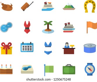 Color flat icon set canned food flat vector, cake, chicken, horseshoe, pond, pool, flag, calendar, present, swimsuit, luggage fector, suitcase, island, reception desk, cruise ship, mountains