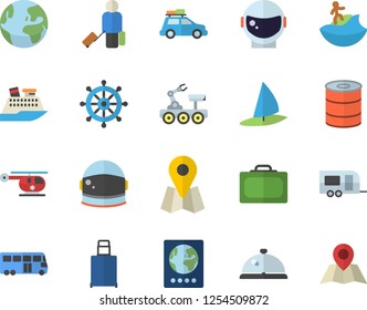 Color flat icon set canned food flat vector, location, helicopter, lunar rover, astronaut helmet fector, earth, car, trailer, bus, luggage, suitcase, passport, surfing, cruise ship, jingle