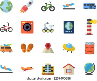 Color flat icon set canned food flat vector, lighthouse, rocket, lunar rover, ufo, bicycle, earth fector, aircraft, bus, passport, arrival, departure, hotel, transfer, slippers, house, camera, globe
