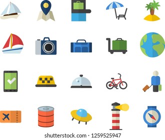 Color flat icon set canned food flat vector, lighthouse, earth, sailboat, ufo, sport bag, fector, bicycle, luggage, baggage claim, ticket, check in, chaise lounge, island, trolley, camera, location