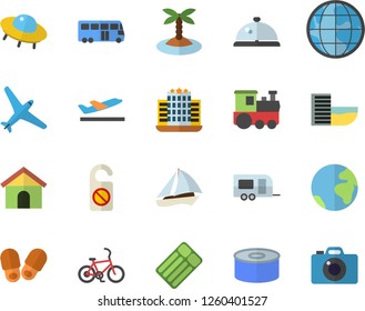 Color flat icon set canned food flat vector, earth, ufo, fector, aircraft, train, trailer, bus, sailboat, bicycle, hotel first line, departure, island, inflatable mattress, do not disturb, jingle