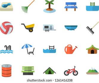 Color flat icon set canned food flat vector, rake, watering can, garden wheelbarrow, bench, pool, volleyball, bicycle, trailer fector, tent, sea beach, chaise lounge, island, mountains