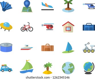 Color flat icon set canned food flat vector, sailboat, helicopter, lunar rover, ufo, sport bag, earth fector, car, bicycle, arrival, island, flippers, yacht, windsurfing, house, location, globe