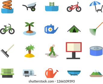 Color flat icon set canned food flat vector, rake, watering can, garden wheelbarrow, bench, billboard, bicycle, trailer fector, hike, tent, sea beach, chaise lounge, island, aquapark, pool