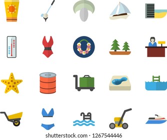 Color flat icon set canned food flat vector, mushroom, thermometer, garden wheelbarrow, lawn mower, pool, forest, swimsuit, sailboat fector, hotel first line, sun protection cream, hawaiian wreath