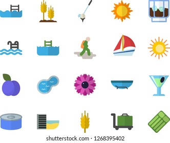 Color flat icon set canned food flat vector, cocktail, whiskey, plum, ear, flower, sun, pond, sailboat, pool, hike fector, hotel first line, sea beach, luggage trolley, golf, inflatable mattress