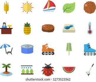 Color flat icon set canned food flat vector, watermelon, cutlet, ice cream, pineapple, thermometer, ear, ladybird, sprinkling machine, sun, pool, tree leaf, sailboat, roller Skates, island, golf