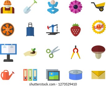 Color flat icon set canned food flat vector, Strawberry, mushroom, flower, shovel, seedlings, watering can, garden wheelbarrow, ventilation, oil pumping, construction worker, dividers, billboard