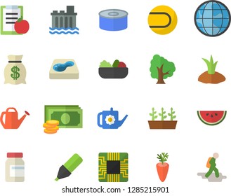 Color flat icon set canned food flat vector, watermelon, salad, carrot, tree, watering can, planting plants, seedlings, pool, hydroelectric power station, motherboard, earth, cash, marker, wealth