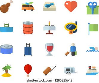 Color flat icon set canned food flat vector, chicken, wine, pool, flag, present, heart, swimming, trailer fector, balloon, luggage, island, mask, romantic dinner, transfer, cruise ship