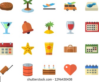 Color flat icon set canned food flat vector, cake, cutlet, wine, cocktail, pool, calendar, heart, sport bag, luggage fector, departure, sun protection cream, island, starfish, transfer, bell