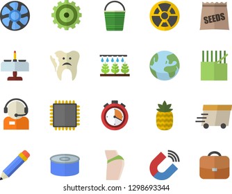 Color flat icon set canned food flat vector, pineapple, seeds, sprinkling machine, bucketful, ventilation, radiation, fabric manufacture, magnet, cogwheel, telephone operator, express delivery, cpu