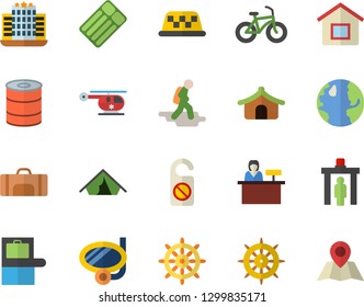 Color flat icon set canned food flat vector, earth, helicopter, bicycle, sport bag, hike fector, control gate, baggage claim, tent, swimming mask, hotel, reception desk, steering wheel, taxi, house