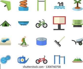 Color flat icon set canned food flat vector, rake, watering can, garden wheelbarrow, bench, pond, pool, billboard, bicycle, parallel bars, hike fector, hang glider, tent, sea beach, island, aquapark