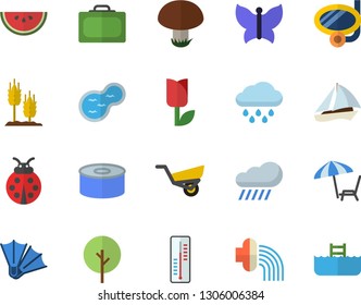 Color flat icon set canned food flat vector, watermelon, mushroom, thermometer, ear, tree, ladybird, hose irrigation, garden wheelbarrow, tulip, butterflies, rain, pond, sailboat fector, suitcase