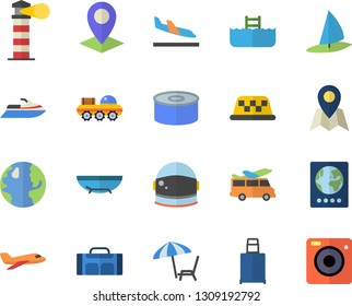 Color flat icon set canned food flat vector, earth, lighthouse, location, lunar rover, astronaut helmet fector, sport bag, aircraft, passport, arrival, luggage, sea beach, chaise lounge, pool, taxi
