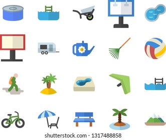 Color flat icon set canned food flat vector, rake, watering can, garden wheelbarrow, bench, pond, pool, billboard, volleyball, bicycle, trailer fector, hike, hang glider, chaise lounge, island