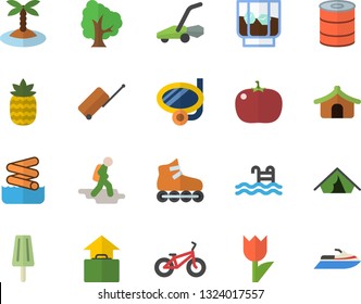 Color flat icon set canned food flat vector, tomato, ice cream, whiskey, pineapple, tree, tulip, lawn mower, bicycle, roller Skates, pool, hike fector, luggage, tent, hand, island, swimming mask