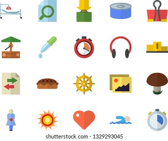 Color flat icon set canned food flat vector, pie, mushroom, well, pipette, heart, hospital bed, gestation, magnifier, pedestal, stopwatch, swimming, get luggage fector, sun, gallery, file sharing